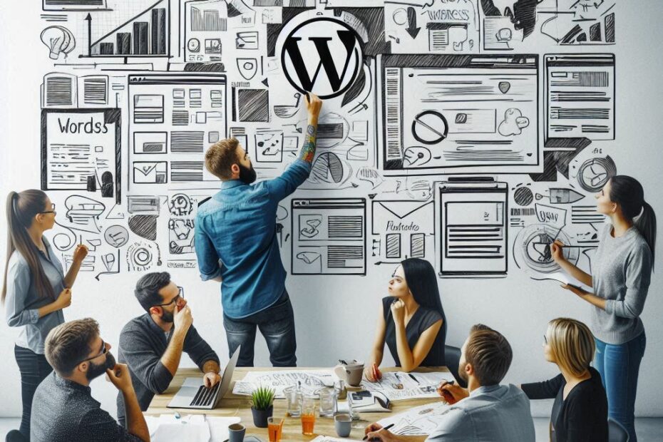 people in office meeting looking at various WordPress themes